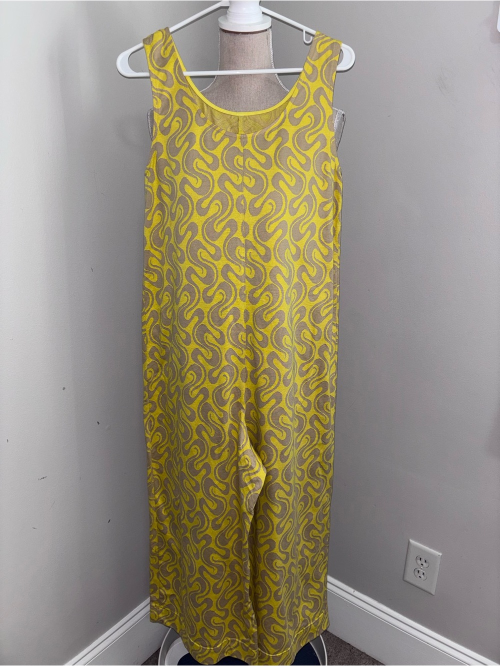 Ilana Kohn yellow & gray swirl wide leg cropped jumpsuit cotton knit size Medium